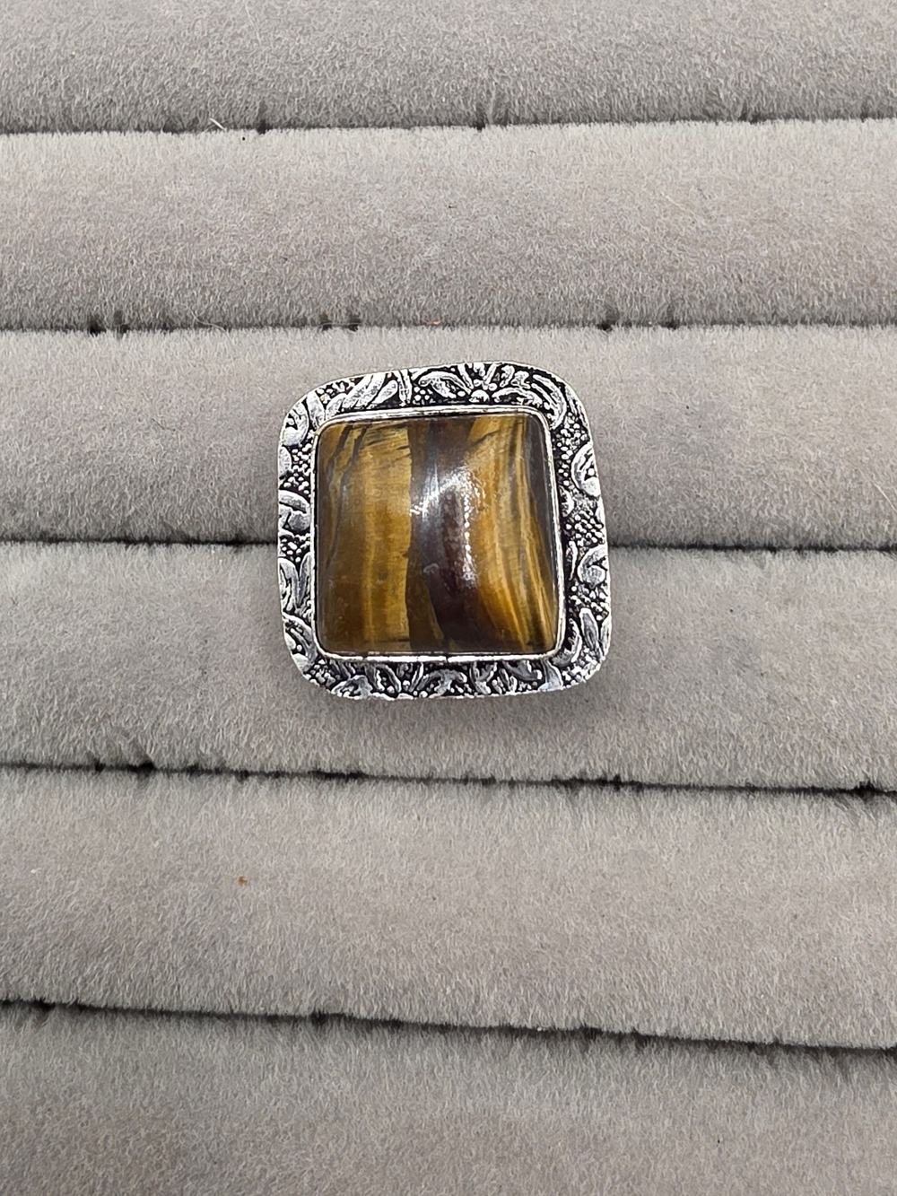 Tiger's Eye Square Silver Plated Statement Ring Size 6 - Woman Accessories